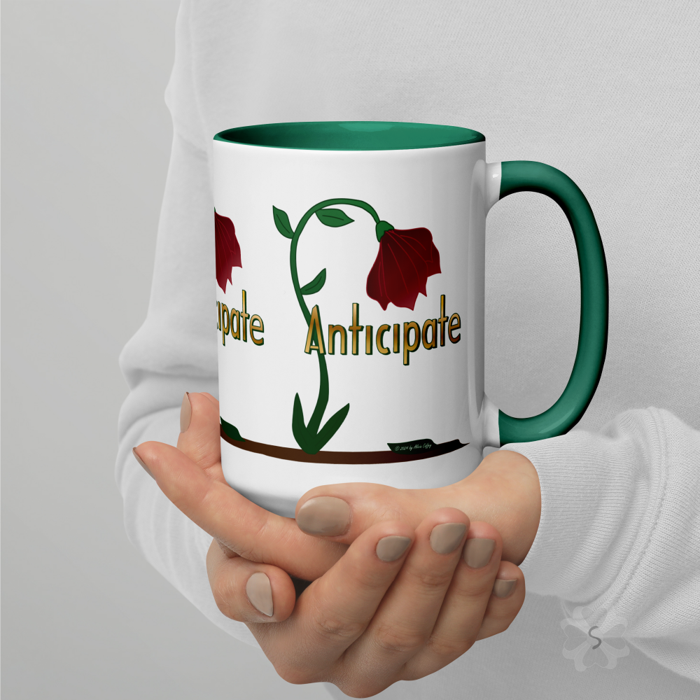 ’Anticipate’ With Red Flower - Mug Green Inside 15 Oz