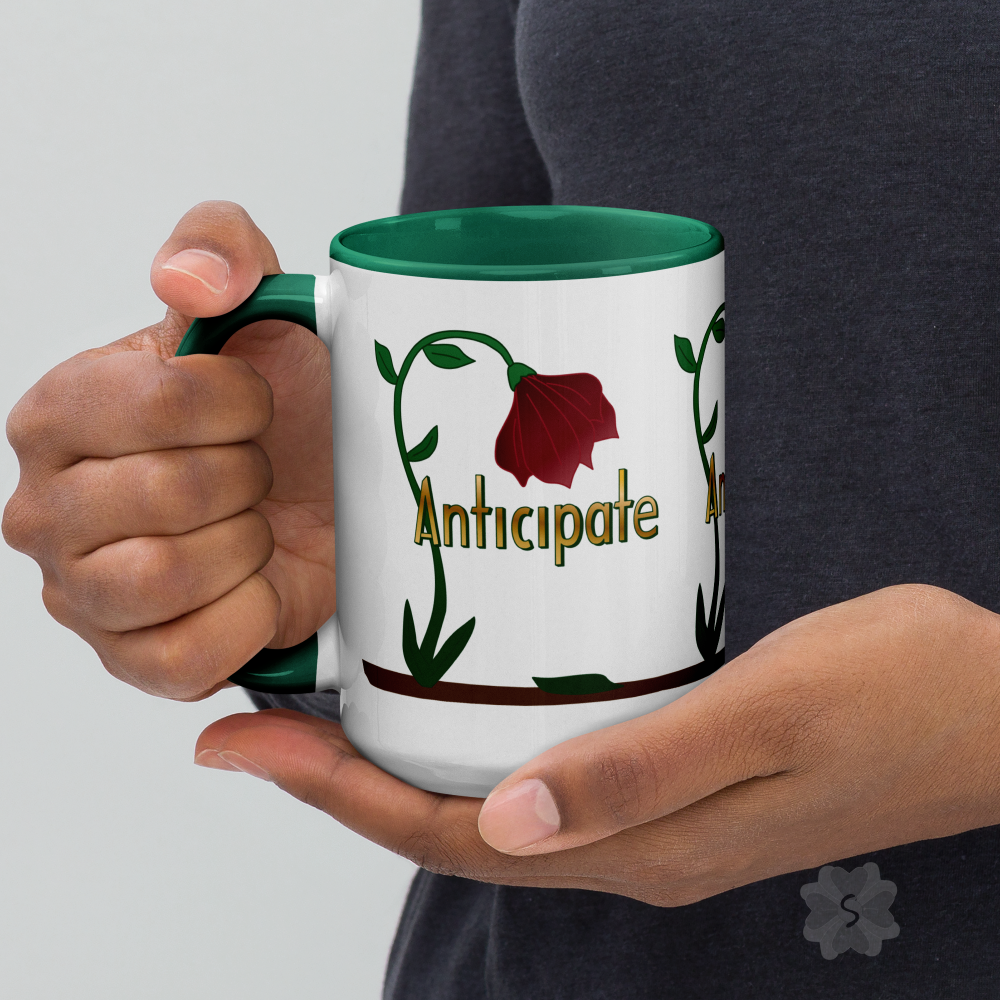 ’Anticipate’ With Red Flower - Mug Green Inside 15 Oz