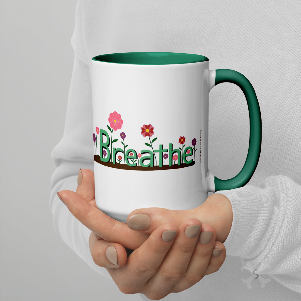 ’Breathe’ With Flowers - Mug Green Inside 15 Oz