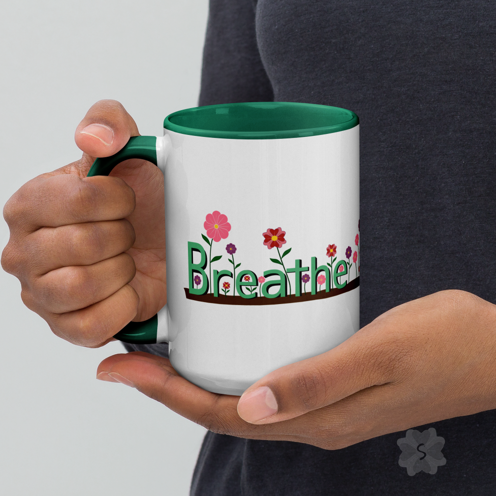 ’Breathe’ With Flowers - Mug Green Inside 15 Oz