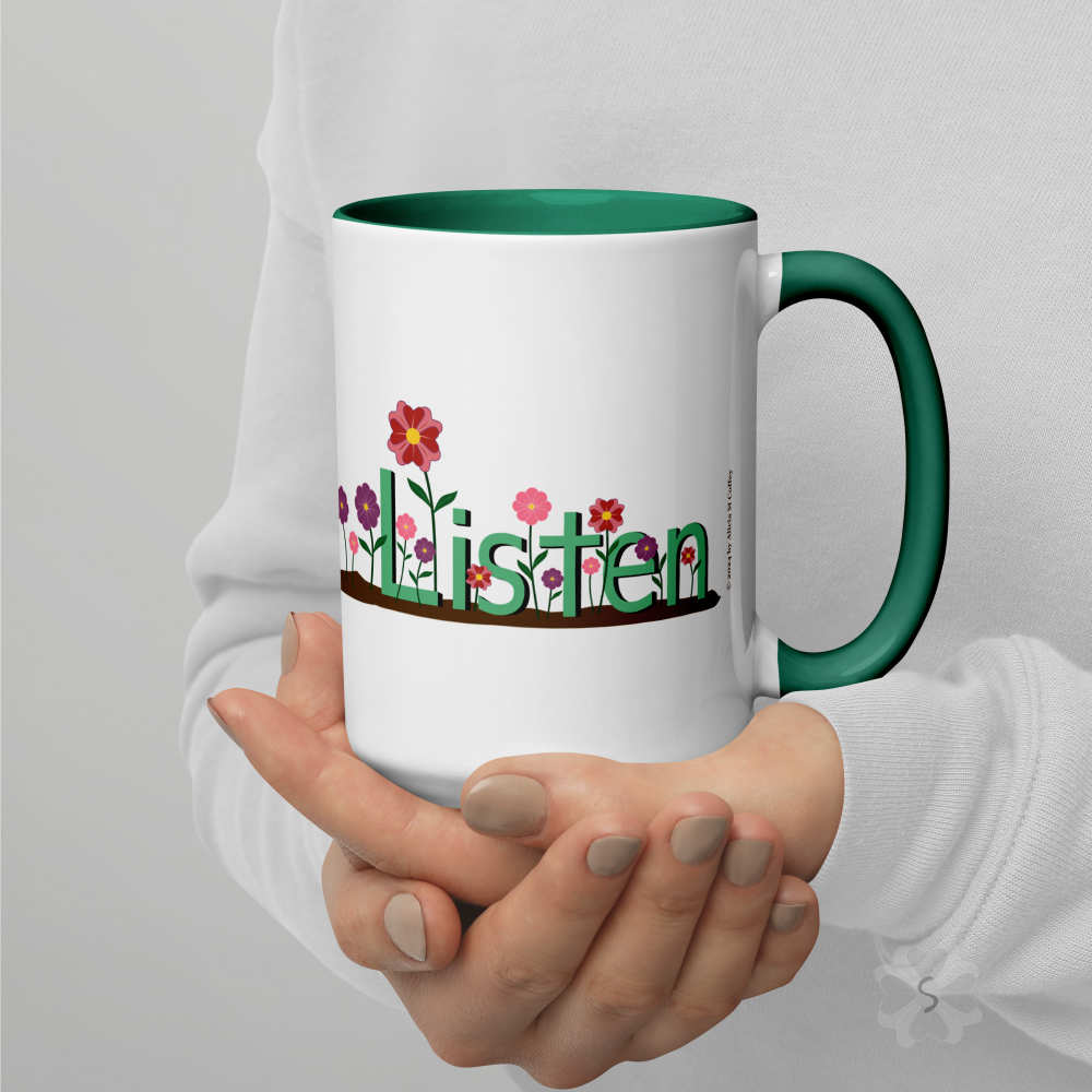 ’Listen’ With Flowers - Mug Green Inside 15 Oz