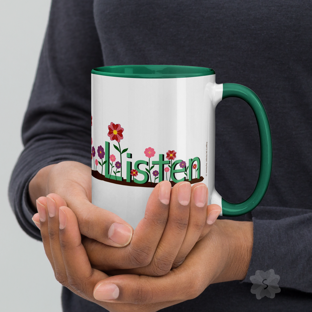 ’Listen’ With Flowers - Mug Green Inside 15 Oz