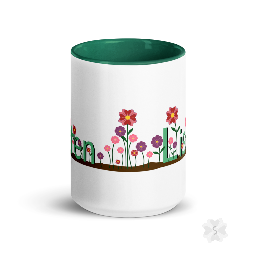 ’Listen’ With Flowers - Mug Green Inside 15 Oz