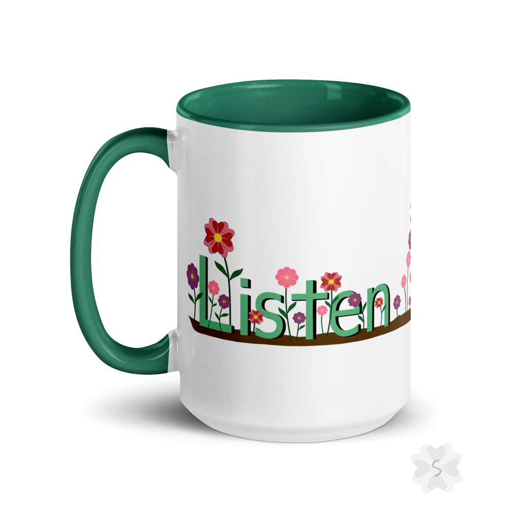 ’Listen’ With Flowers - Mug Green Inside 15 Oz