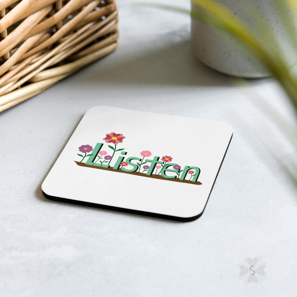 ’Listen’ With Flowers - Square Coaster 3.74 X