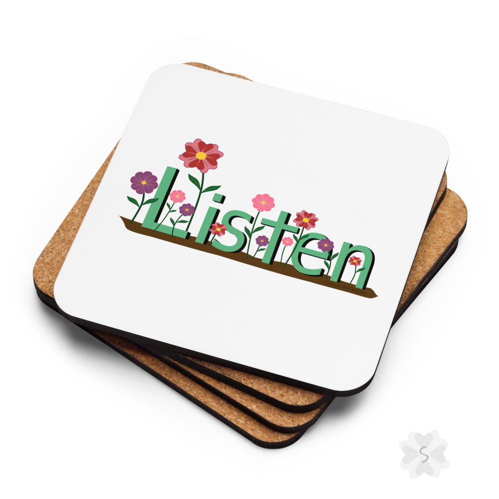 ’Listen’ With Flowers - Square Coaster 3.74 X