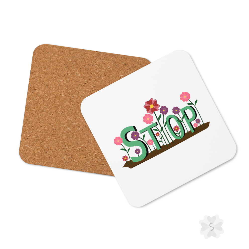 ’Stop’ With Flowers - Square Coaster 3.74 X