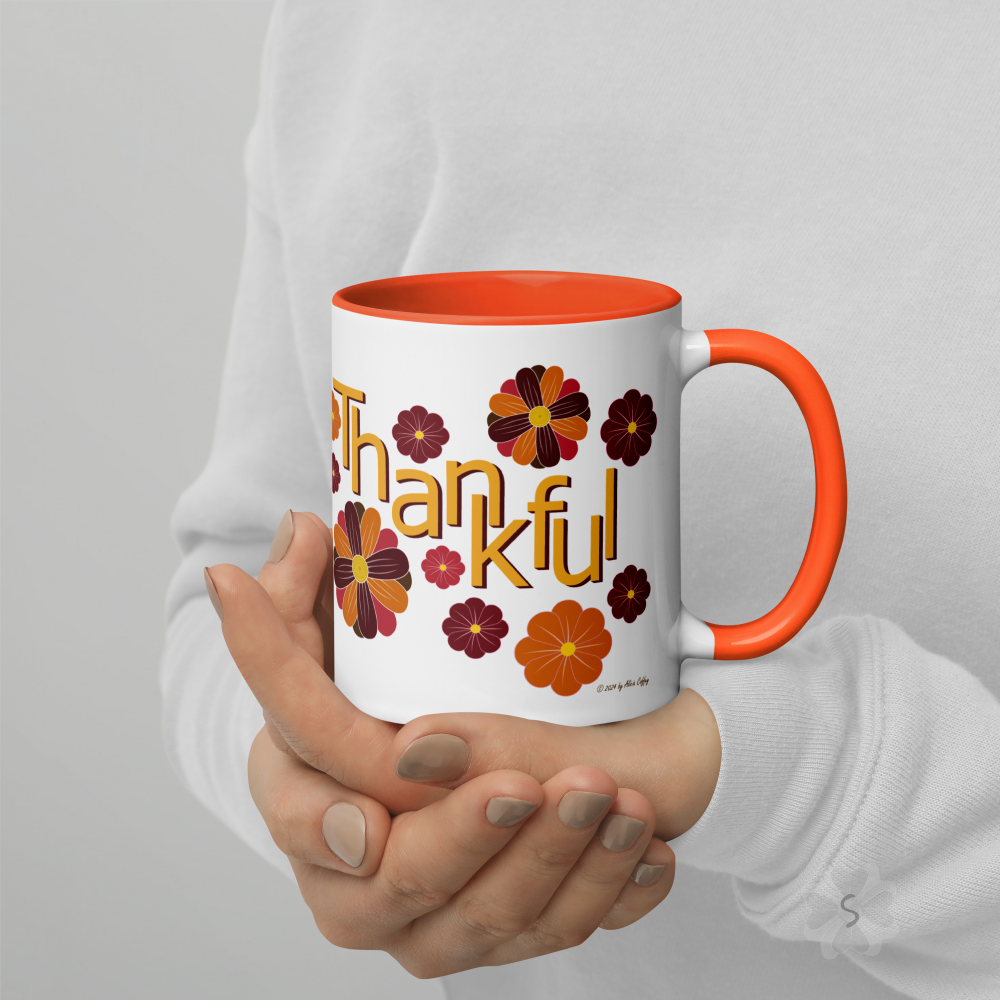 ’Thankful’ With Fall Flowers - Mug Orange Inside 11 Oz