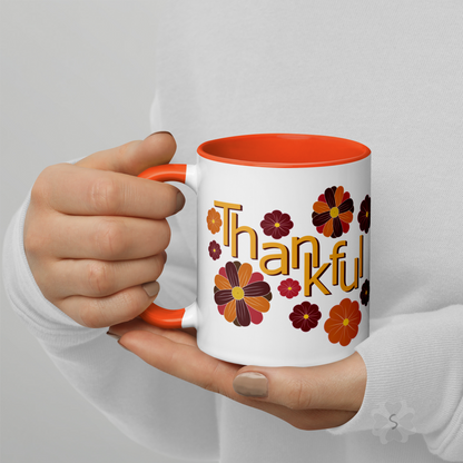 ’Thankful’ With Fall Flowers - Mug Orange Inside 11 Oz