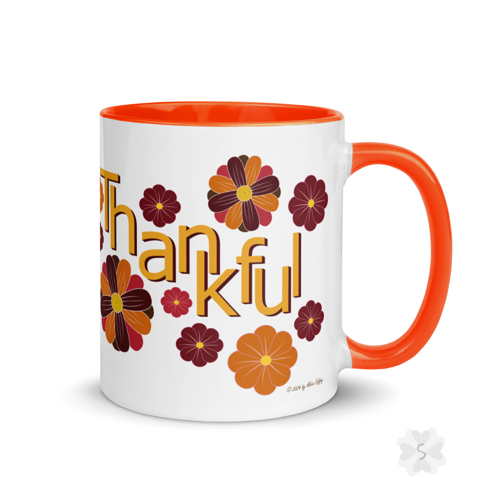 ’Thankful’ With Fall Flowers - Mug Orange Inside 11 Oz