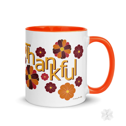 ’Thankful’ With Fall Flowers - Mug Orange Inside 11 Oz