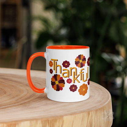 ’Thankful’ With Fall Flowers - Mug Orange Inside 11 Oz