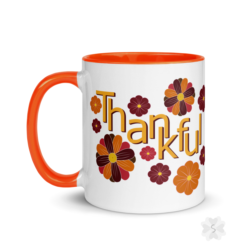 ’Thankful’ With Fall Flowers - Mug Orange Inside 11 Oz