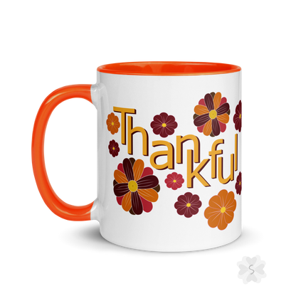 ’Thankful’ With Fall Flowers - Mug Orange Inside 11 Oz