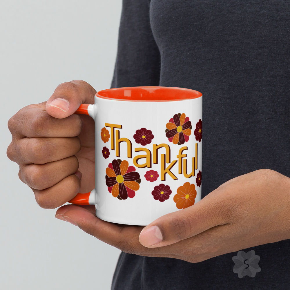 ’Thankful’ With Fall Flowers - Mug Orange Inside 11 Oz