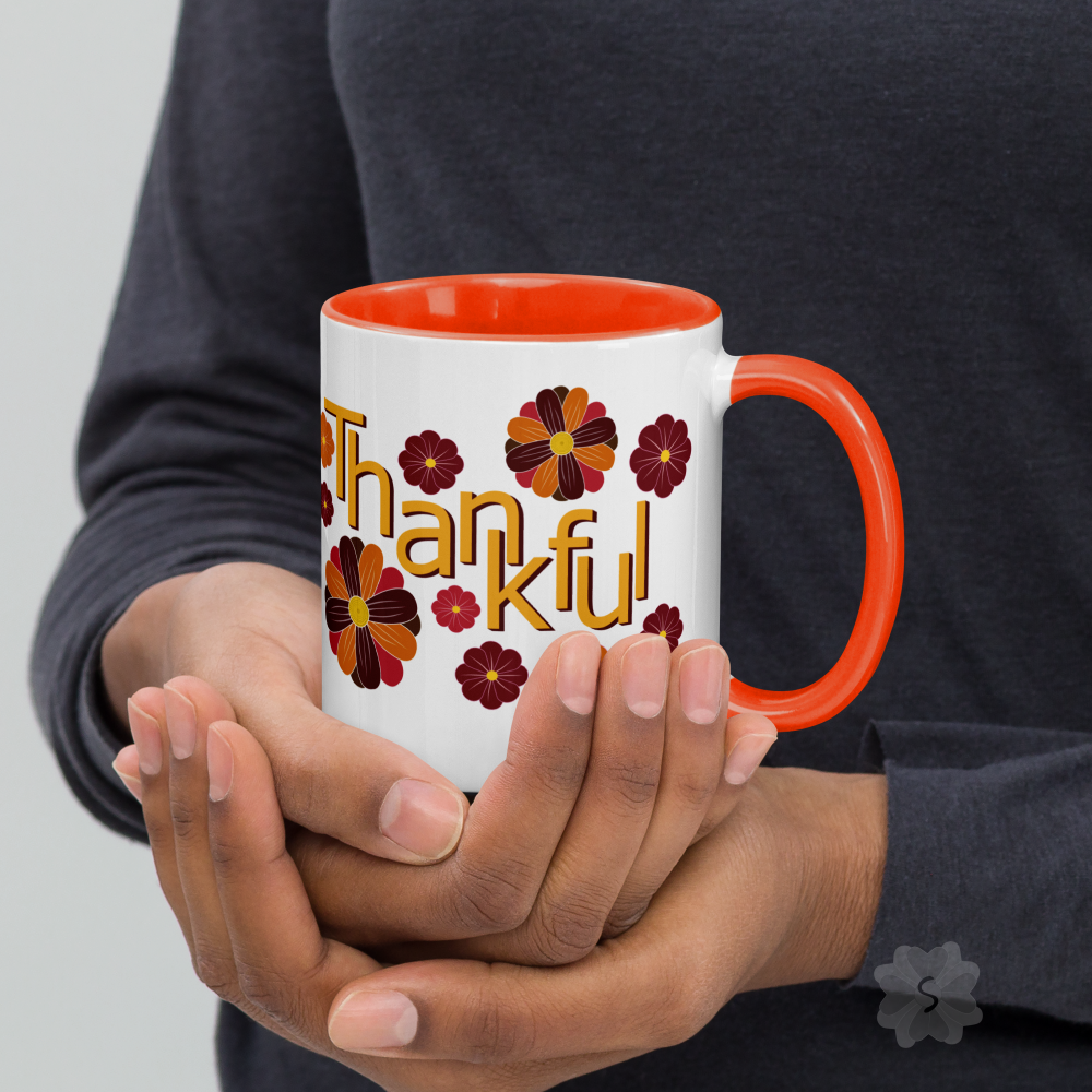 ’Thankful’ With Fall Flowers - Mug Orange Inside 11 Oz