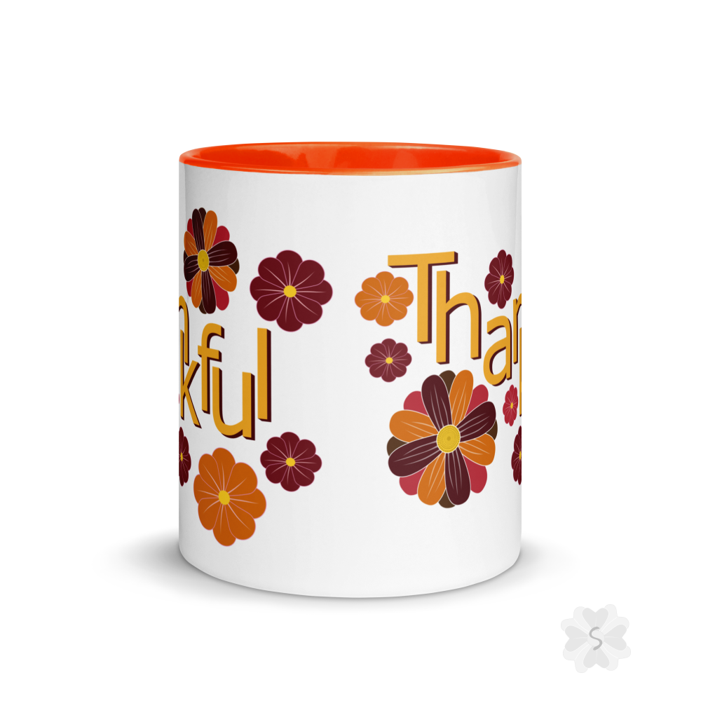 ’Thankful’ With Fall Flowers - Mug Orange Inside 11 Oz