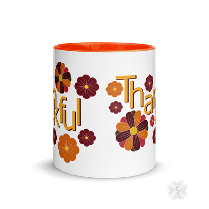 ’Thankful’ With Fall Flowers - Mug Orange Inside 11 Oz