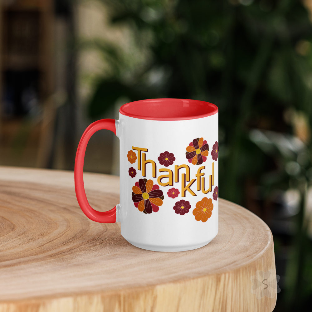 ’Thankful’ With Fall Flowers - Mug Red Inside 15 Oz