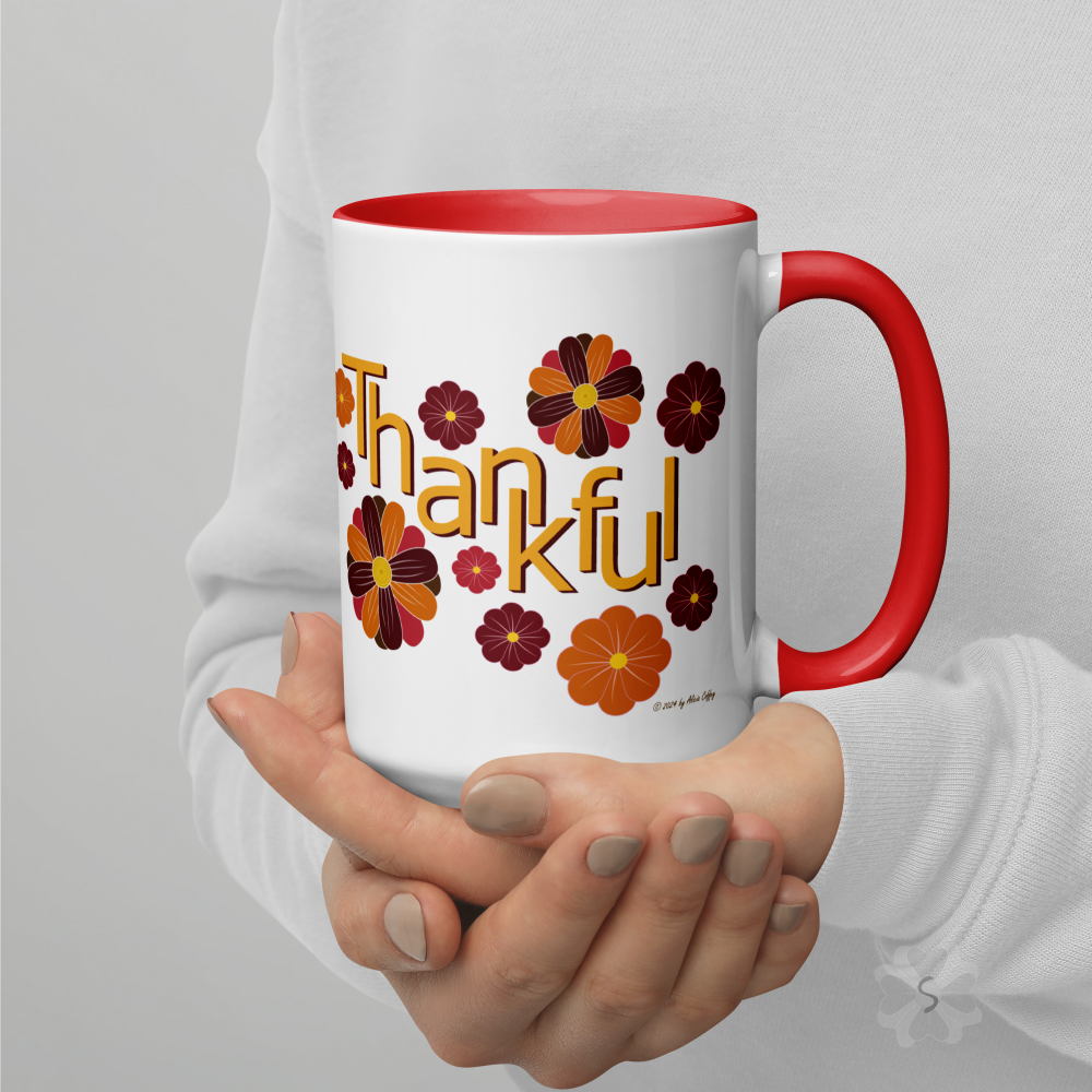 ’Thankful’ With Fall Flowers - Mug Red Inside 15 Oz