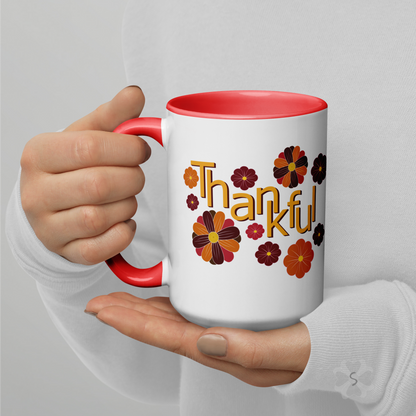 ’Thankful’ With Fall Flowers - Mug Red Inside 15 Oz