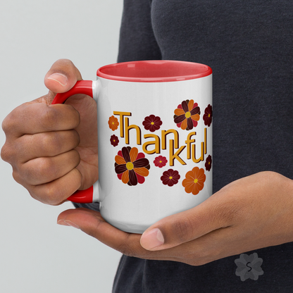 ’Thankful’ With Fall Flowers - Mug Red Inside 15 Oz