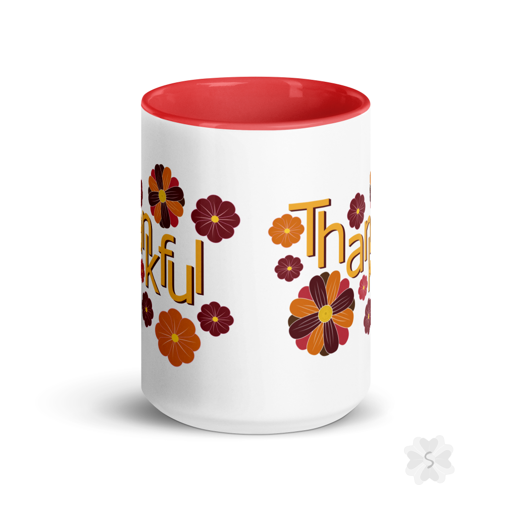 ’Thankful’ With Fall Flowers - Mug Red Inside 15 Oz