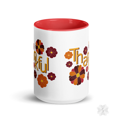 ’Thankful’ With Fall Flowers - Mug Red Inside 15 Oz