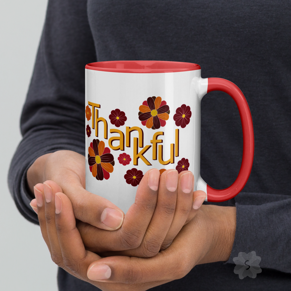 ’Thankful’ With Fall Flowers - Mug Red Inside 15 Oz