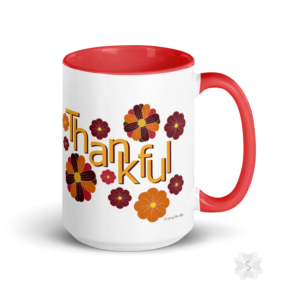 ’Thankful’ With Fall Flowers - Mug Red Inside 15 Oz