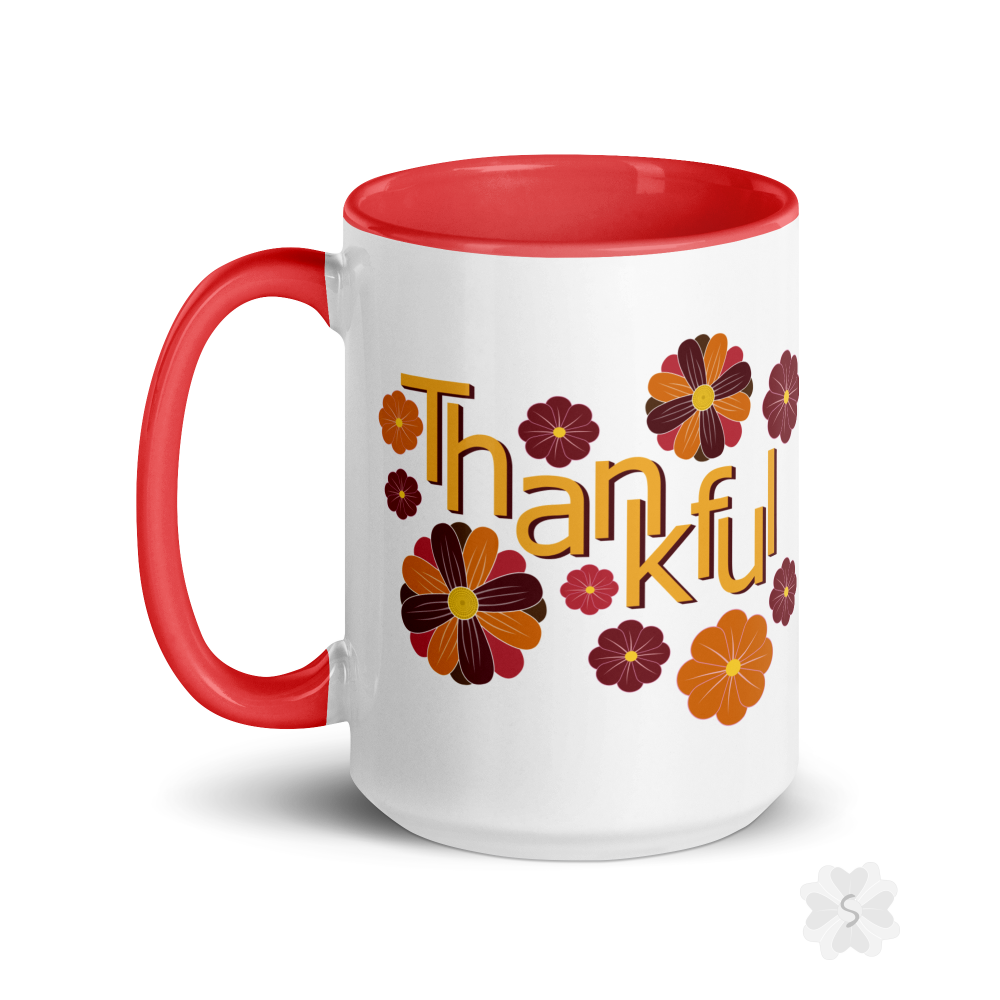 ’Thankful’ With Fall Flowers - Mug Red Inside 15 Oz