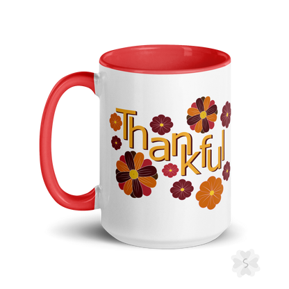 ’Thankful’ With Fall Flowers - Mug Red Inside 15 Oz